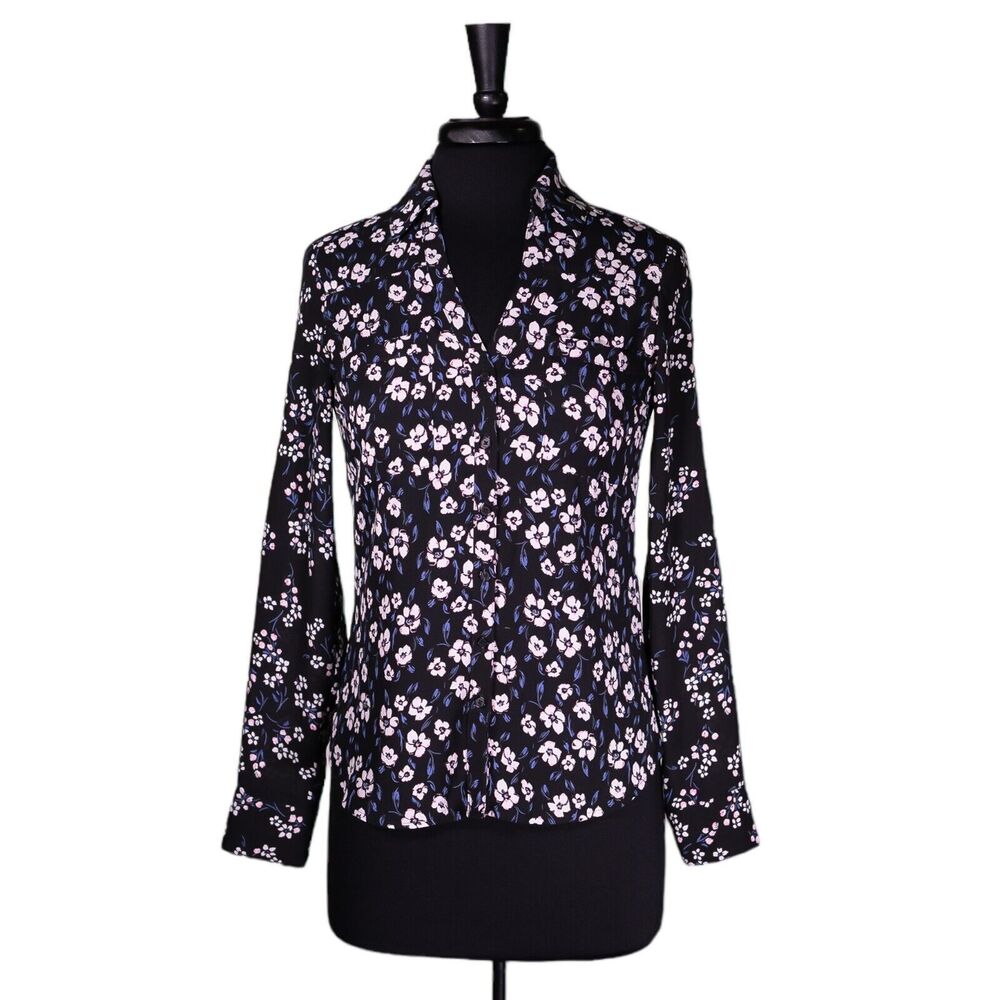 Express Womens Shirt Button Up Black White Blue Pink Floral V-Neck Blouse Top XS